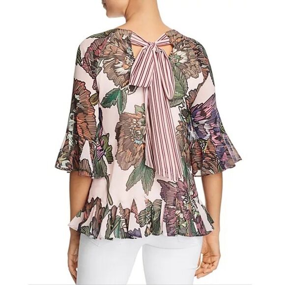 Badgley Mischka Floral Tie-Back 3/4 Sleeve Flutter Top in Dusty Rose Pink - Picture 3 of 15
